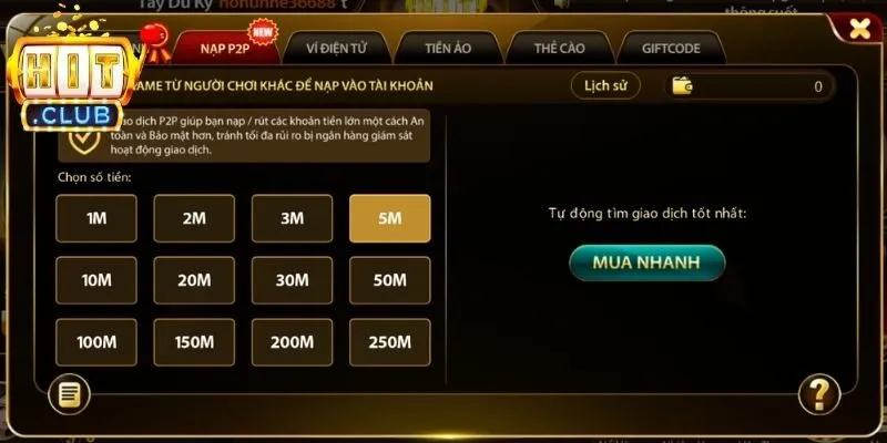Hướng dẫn 3 bước nạp tiền Hitclub bằng cổng P2P